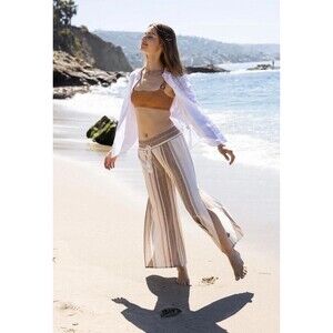 Cali 1850 Linen Cotton Pants Brown Cream Striped Slit Legs Size S Beachy Boho